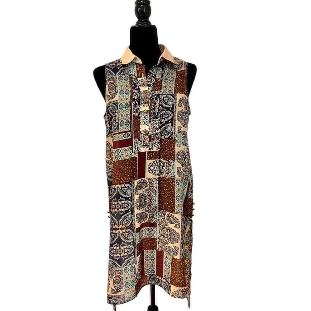 Simply Noelle Blue and Brown Sheer Patchwork Dress Size S/M